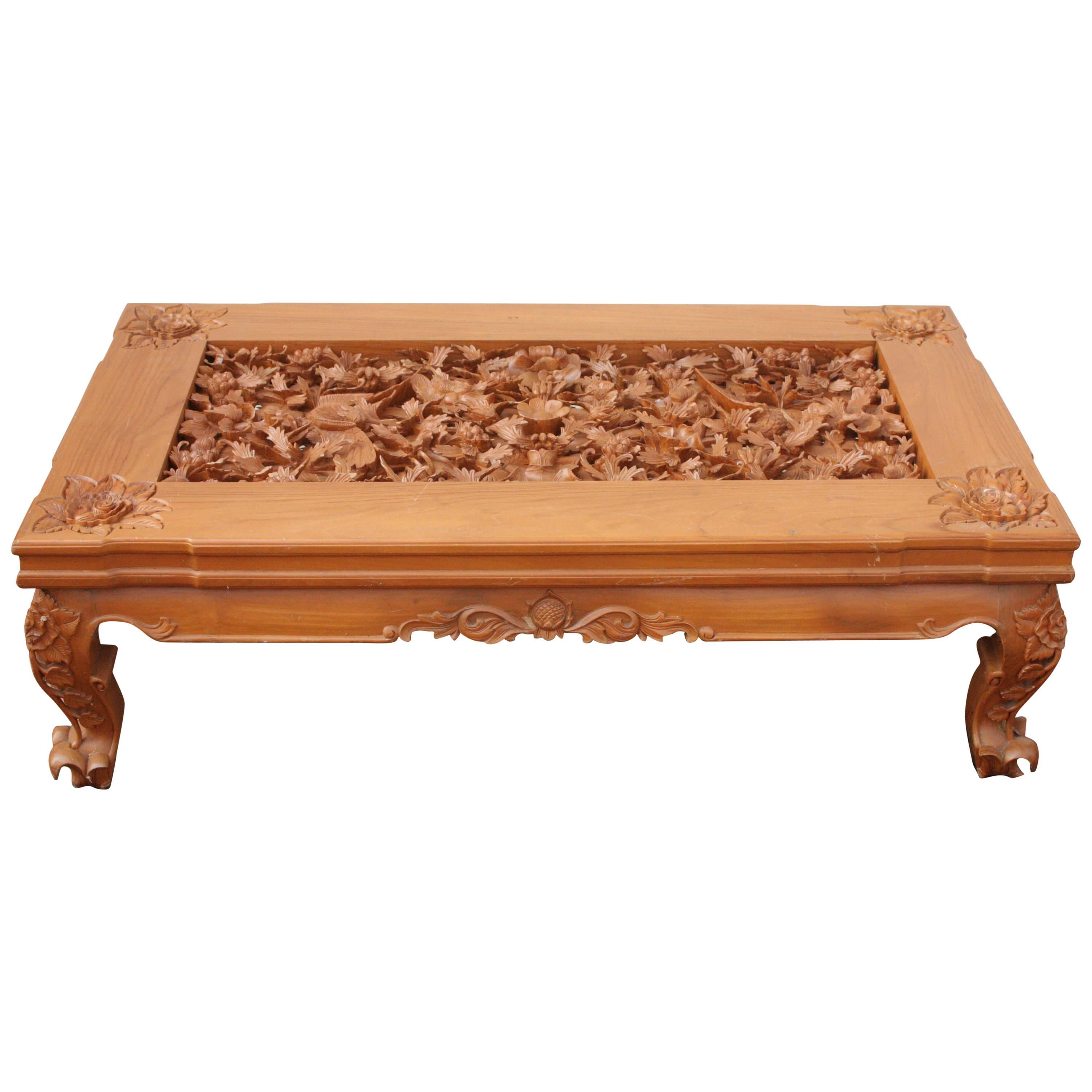Trompe l
Oeil Realism Foliage Fauna Carved Detail Teak Wood Table with Glass Top For Sale