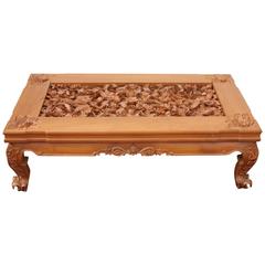 Trompe l'Oeil Realism Foliage Fauna Carved Detail Teak Wood Table with Glass Top