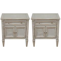 Pair of French Country Painted Cane Grey-Washed Single-Drawer Side Tables