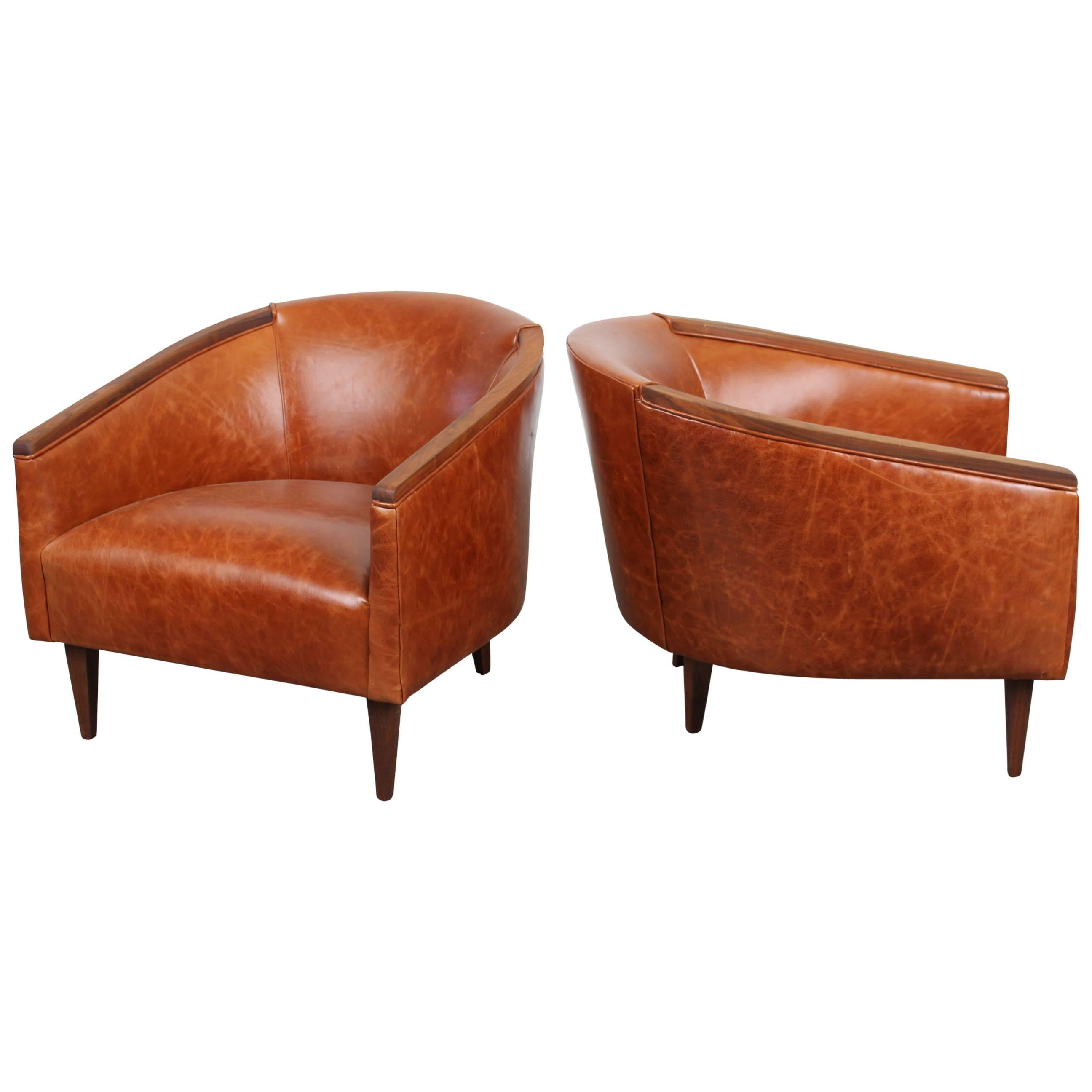 Pair of Midcentury Leather Barrel Back Lounge Chairs