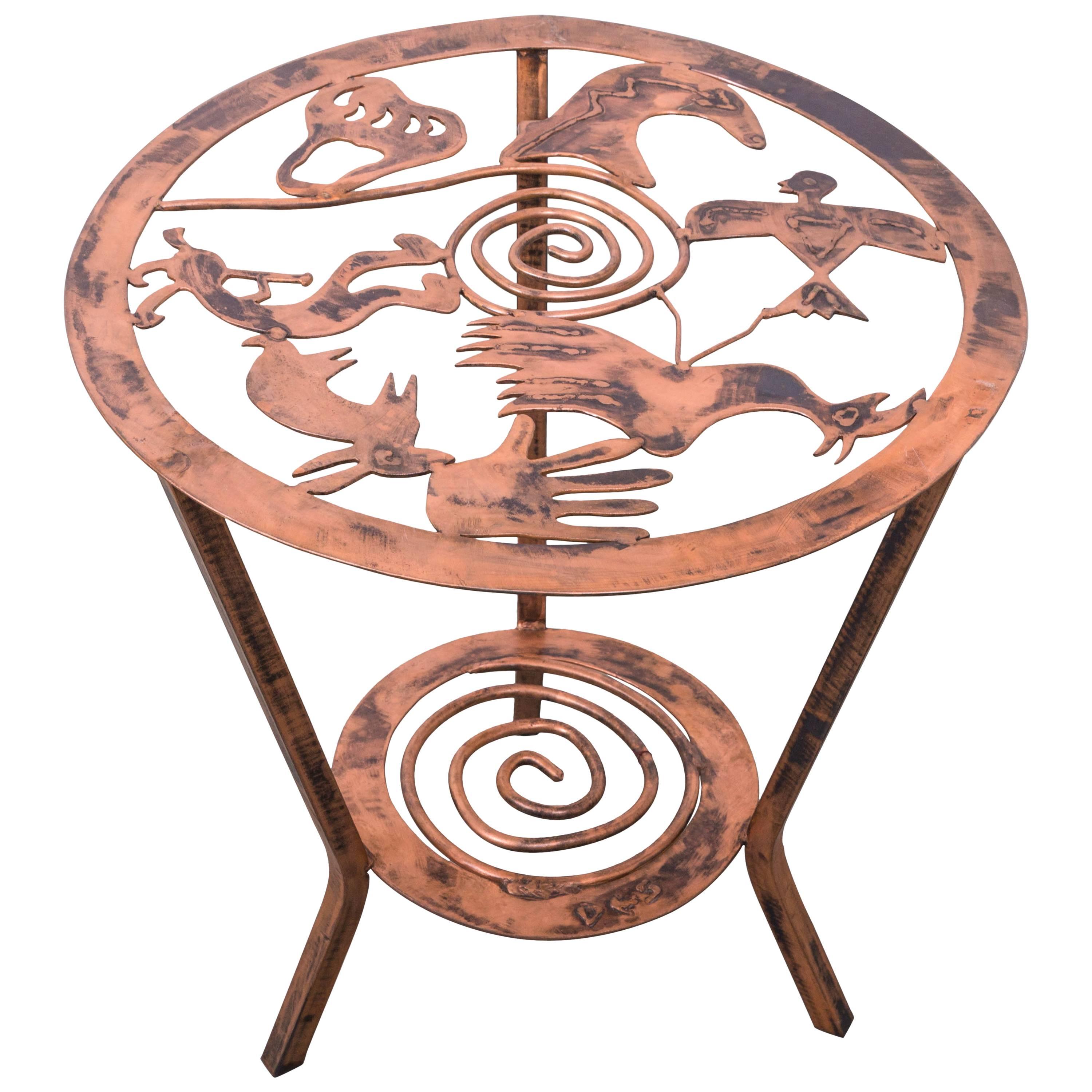 Copper Side Table with Stylized Native American Motifs For Sale