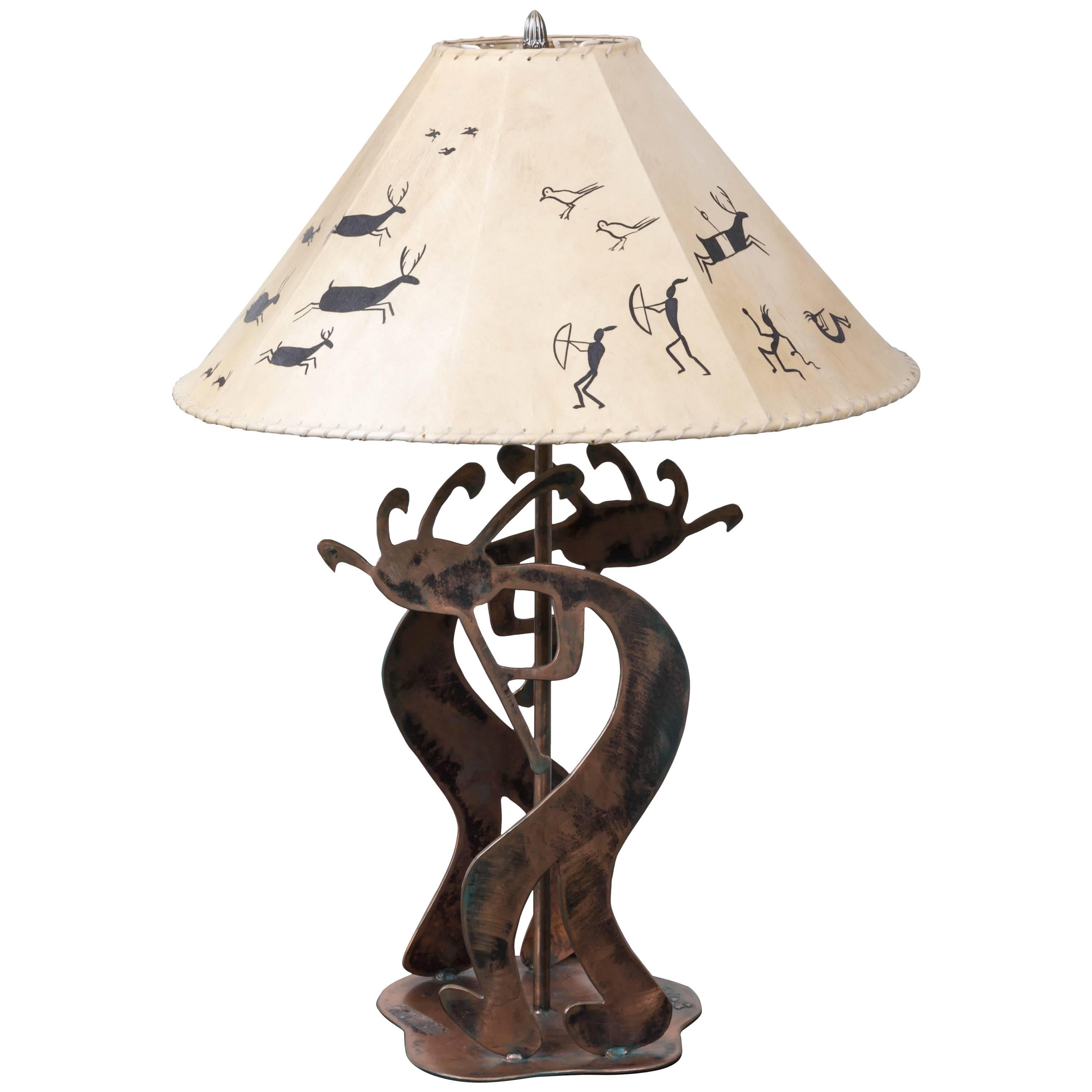 Copper Table Lamp with Stylized Native American Motifs and Leather Shade For Sale