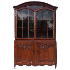 Antique French Provincial Walnut Flanking Glass & Cabinet Arched Dome Cupboard, C. 1780