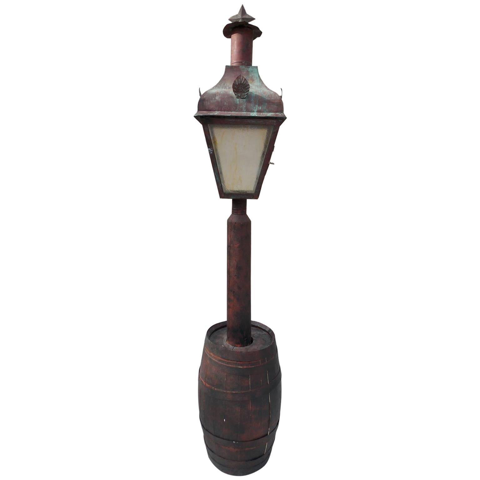American Copper Street Lantern in Wooden Barrel, Sturbridge, MA., Circa 1820 For Sale