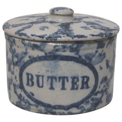 19th Century Rare Spongeware Pottery Butter Crock with Lid