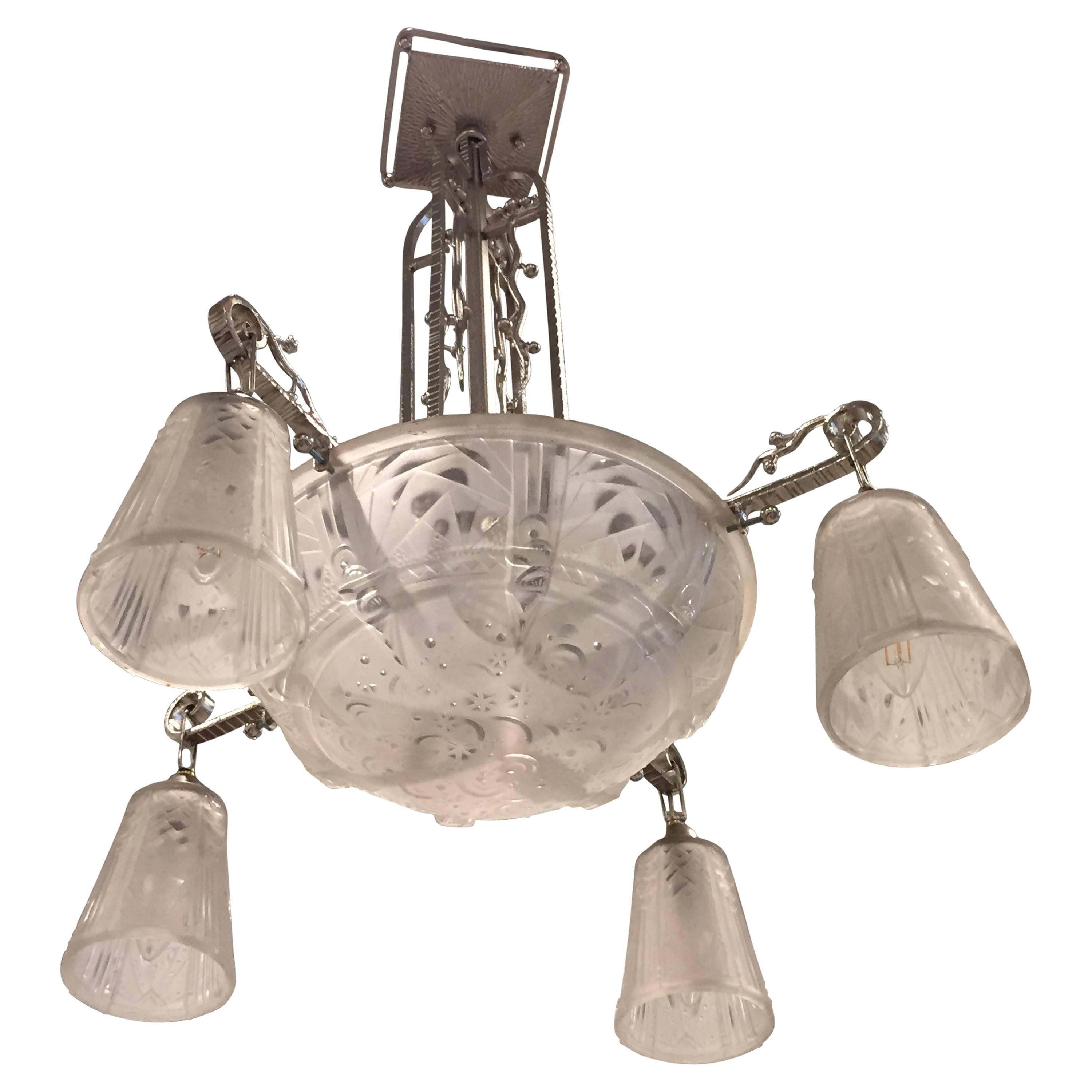 French Art Deco Chandelier Signed by Muller Freres For Sale
