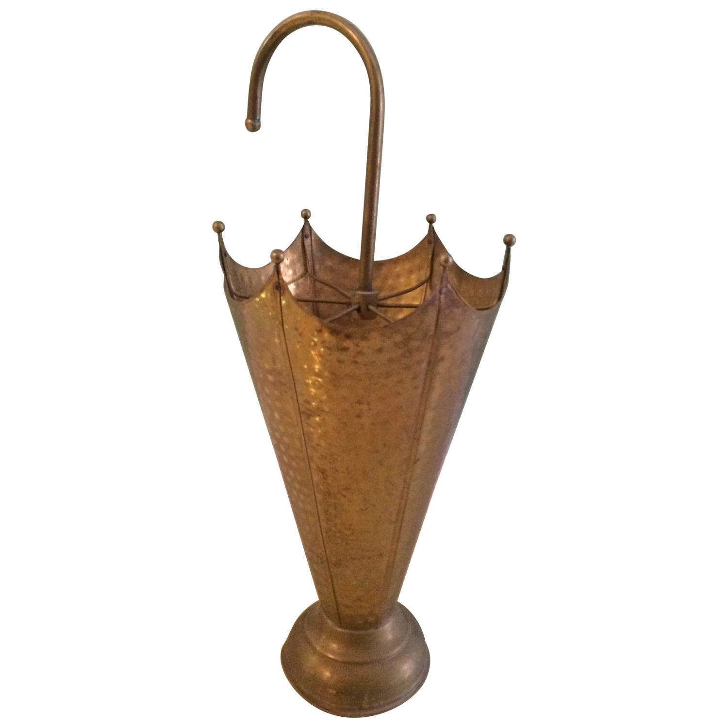 Vintage French Hammered Brass Shaped Umbrella Stand For Sale at 1stdibs