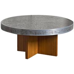 1960s Belgian Round Coffee Table with Embossed Graphic Top 1