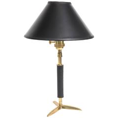 Brass and Leather Table Lamp in the Style of Jacques Adnet, French 1960s