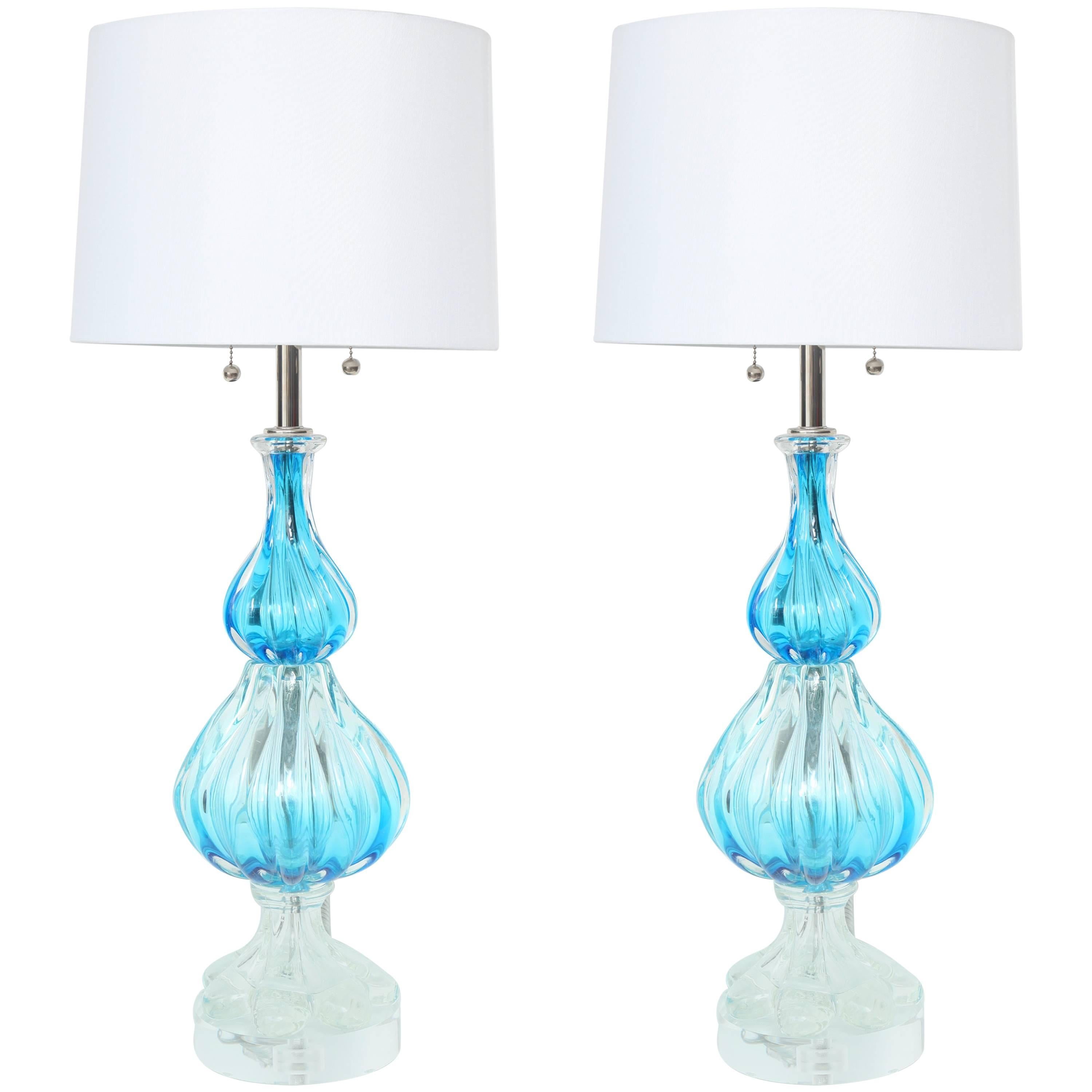 Seguso Blue & Clear Fluted Murano Glass Lamps