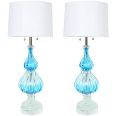 Seguso Blue & Clear Fluted Murano Glass Lamps