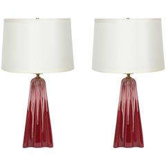 1940s Cranberry Glazed Ceramic Lamps 5