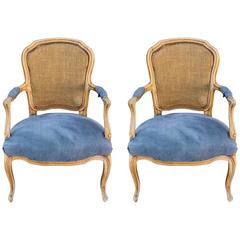 Pair of Armchairs, Louis XV, Cherry Wood, Armrests and Seating Fabrics