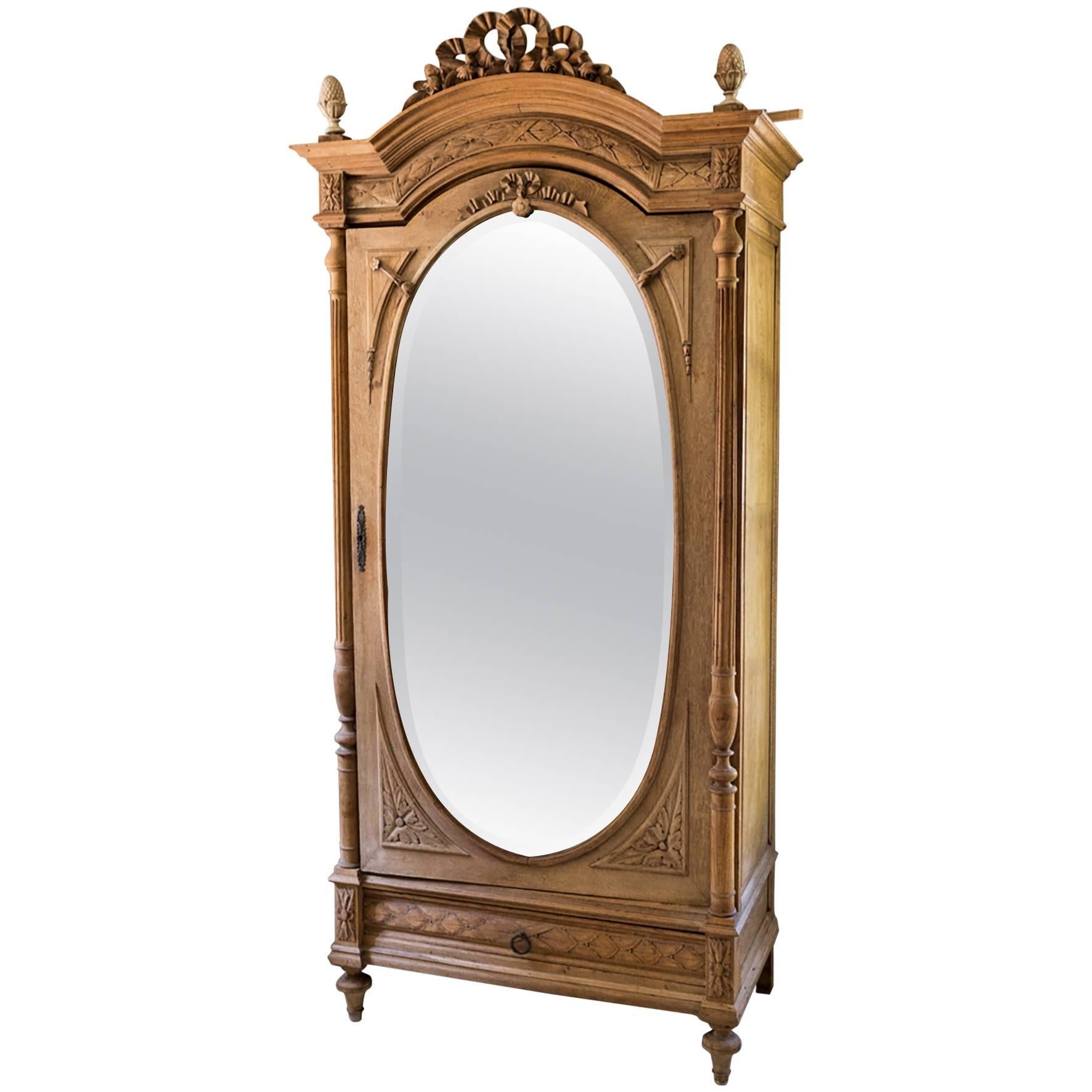French Wardrobe, Louis XIV, Wood and Beveled Mirror For Sale at 1stDibs
