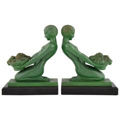 French Art Deco Bookends with Nudes by Max Le Verrier, 1930