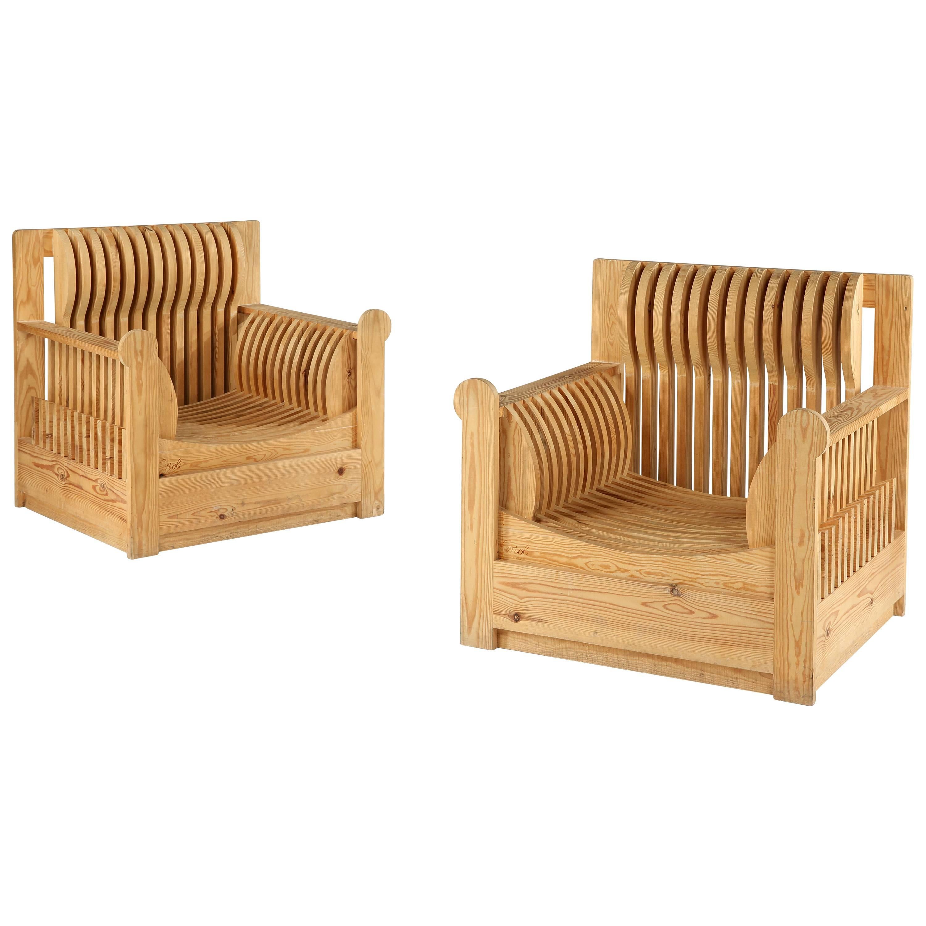 Pair of 1960s Slatted Pine Armchairs by Mario Ceroli For Sale