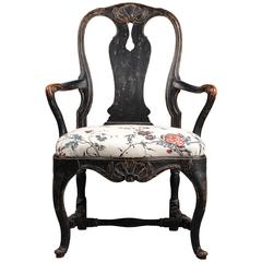 Swedish Baroque 18th Century Black Painted Armchair, Stockholm