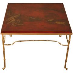 French Bronze Faux Bamboo Coffee Table with Red Lacquer Top by Bagues
