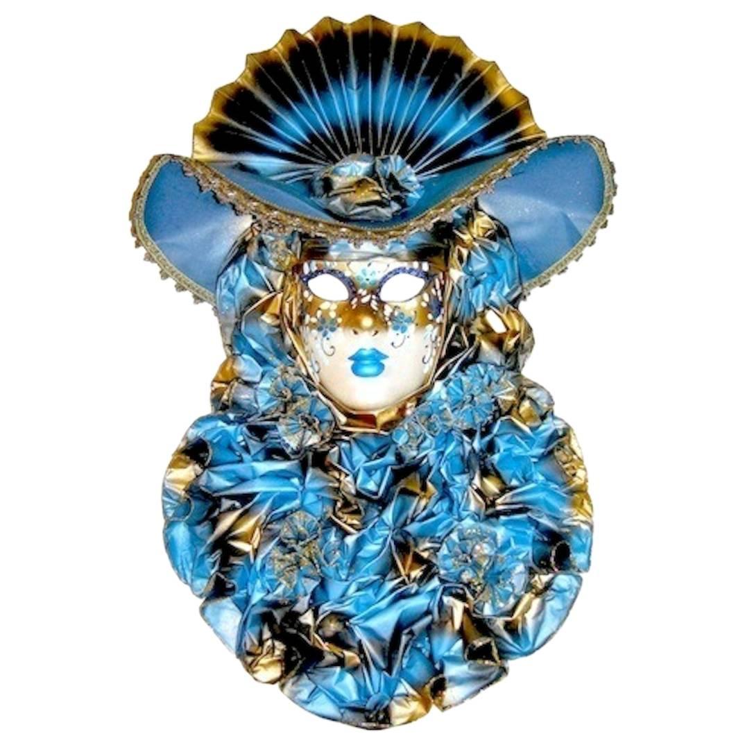 Italian Modern Venetian Carnival Handmade Blue Mask with Flower Pleated Jabot