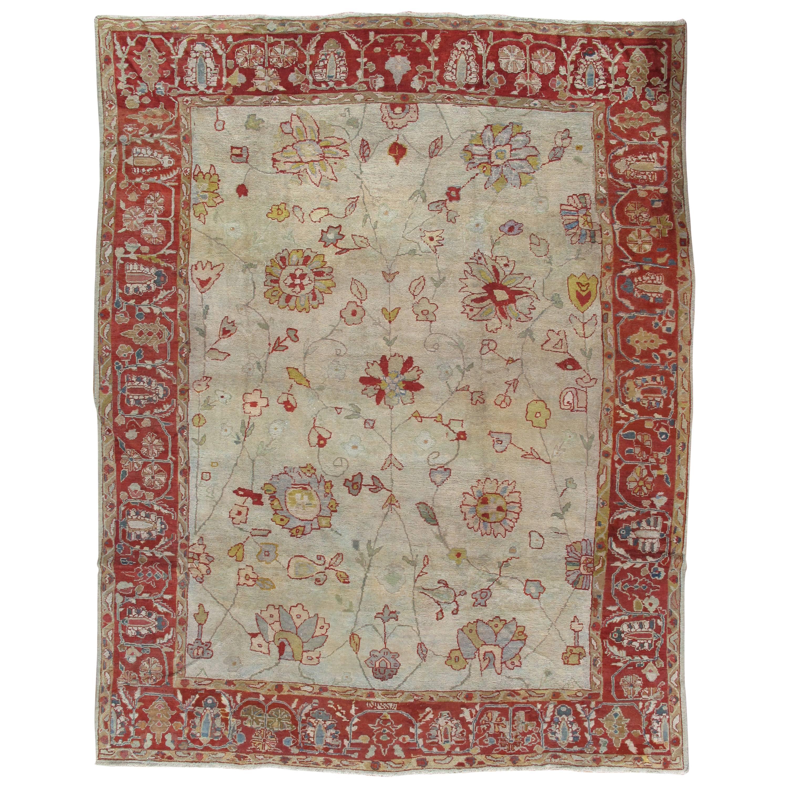 Antiker persischer Sultanabad-Teppich, handgefertigter orientalischer Teppich, Hellblau, Elfenbein, Rot