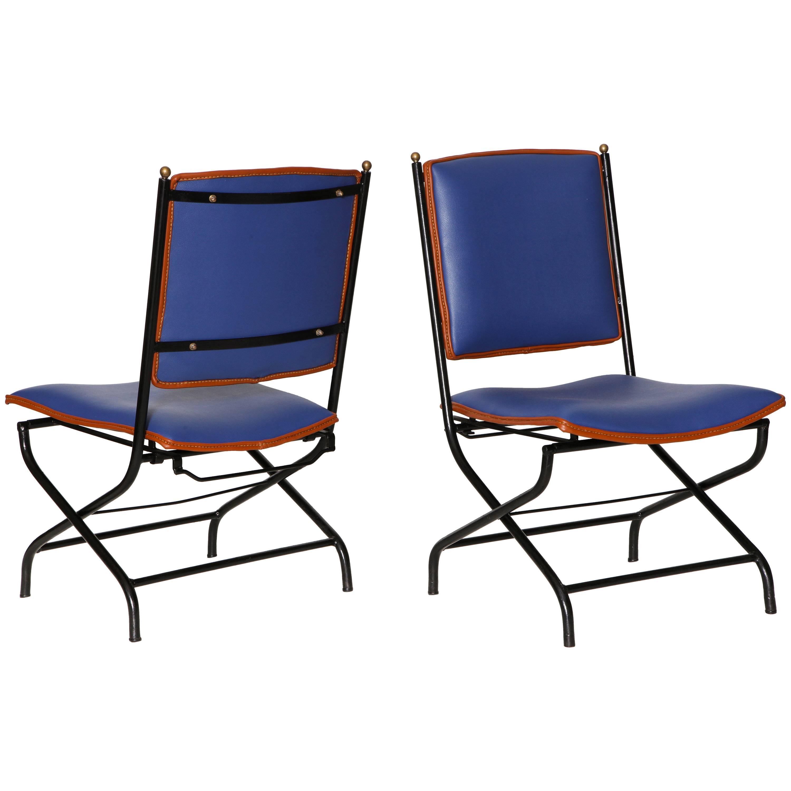Jacques Adnet, Pair of leather and iron adjustable chairs, France, c. 1950