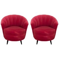 Vintage Pair of 1960s Red Velvet Channel Back Swivel Chairs