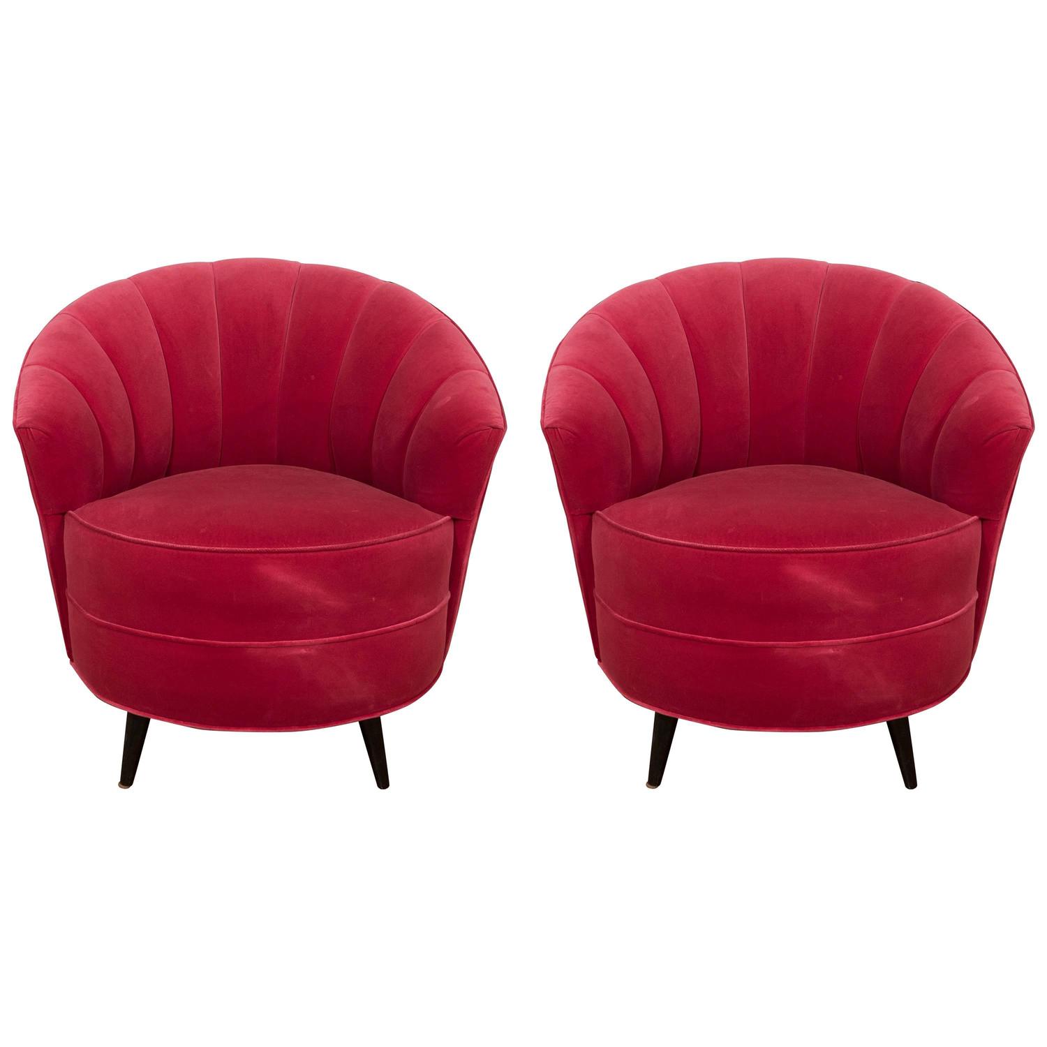 Pair of 1960s Red Velvet Channel Back Swivel Chairs For Sale at 1stdibs