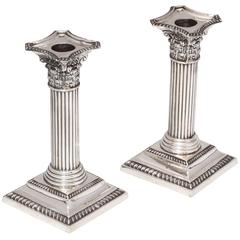 Edwardian Pair of Sterling Silver Corinthian Column Candlesticks