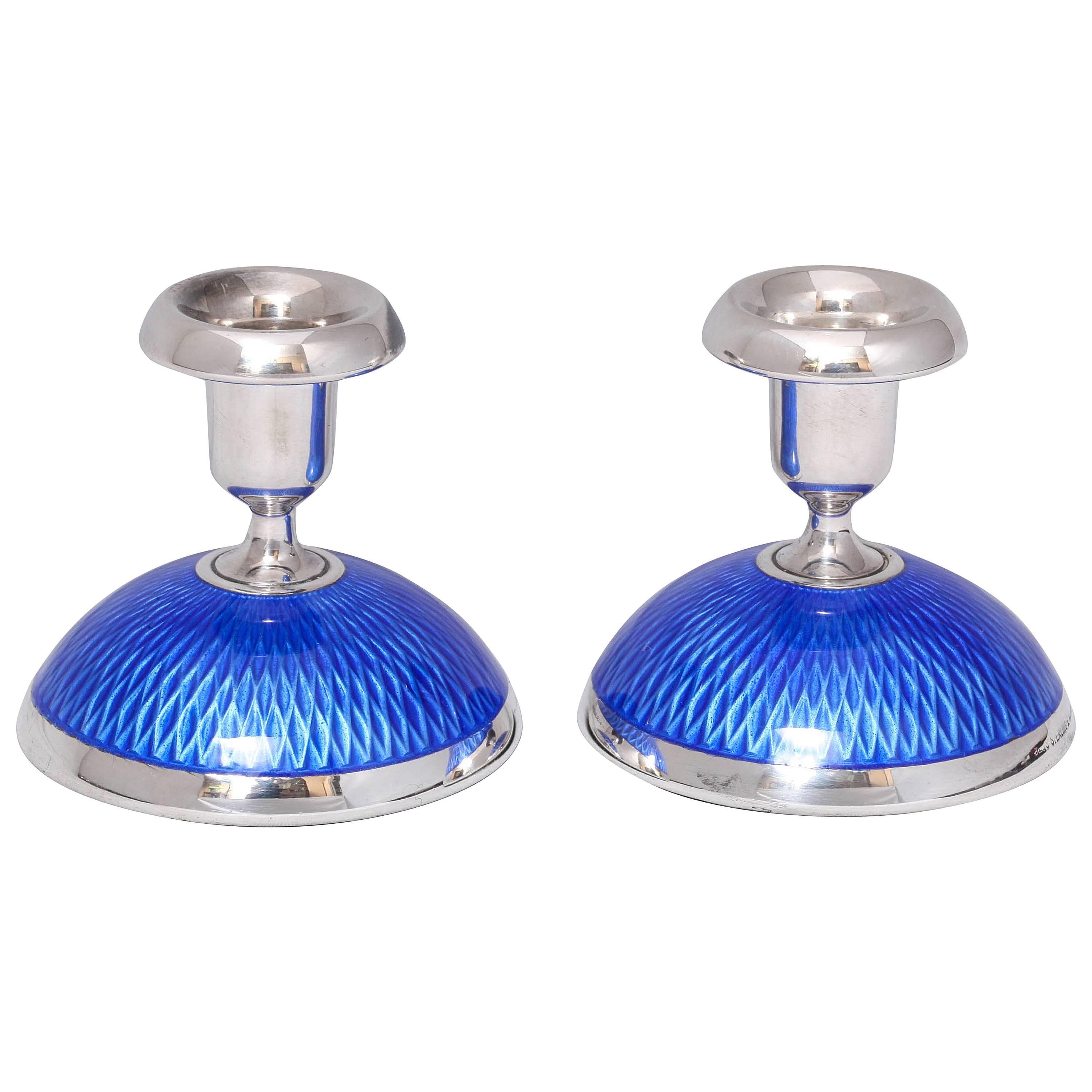 Pair of Art Deco Sterling Silver and Guilloche Enamel Andersen Candlesticks