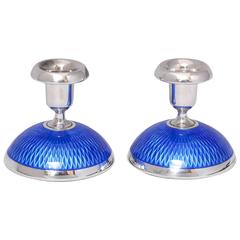 Pair of Art Deco Sterling Silver and Guilloche Enamel Andersen Candlesticks