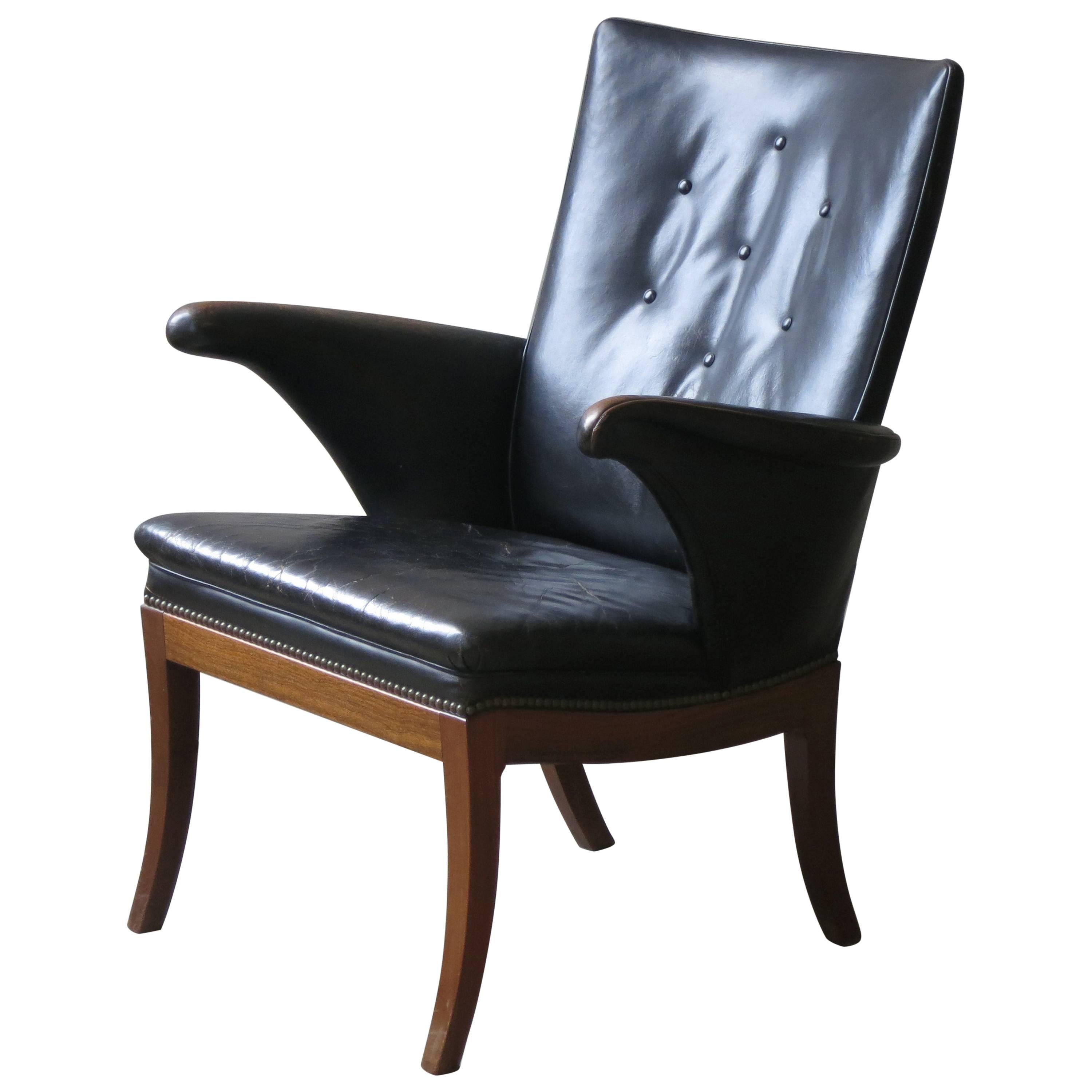Armchair in Original Black-Brown Leather by Frits Henningsen, 1930s For Sale