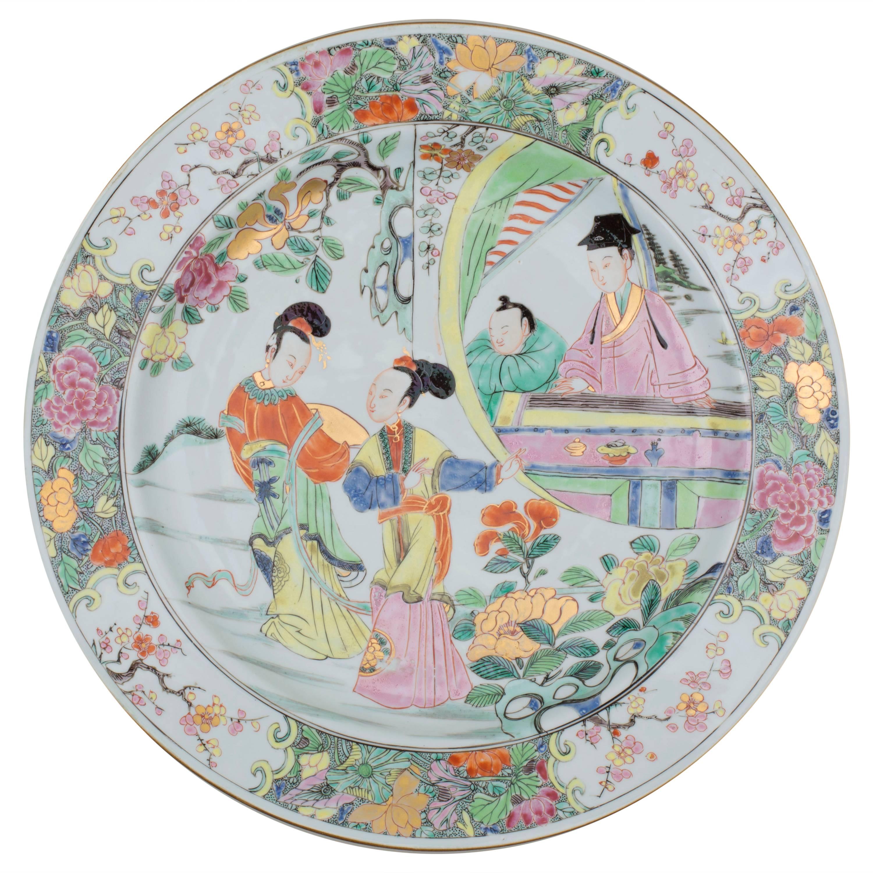 Chinese export porcelain famille rose dish, ladies dancing, early 18th century