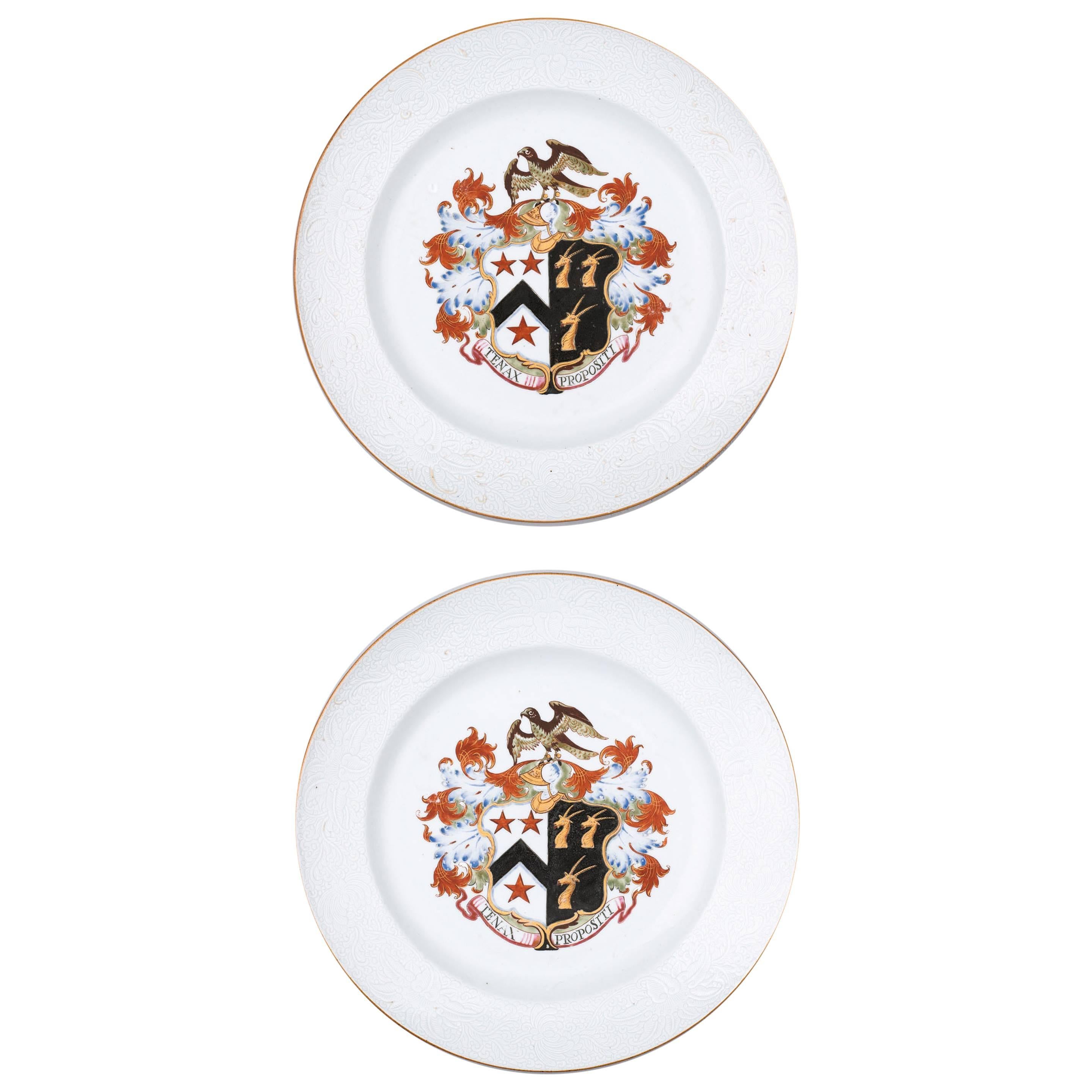 Chinese porcelain armorial chargers, arms of Willes impaling Broster, 18th century