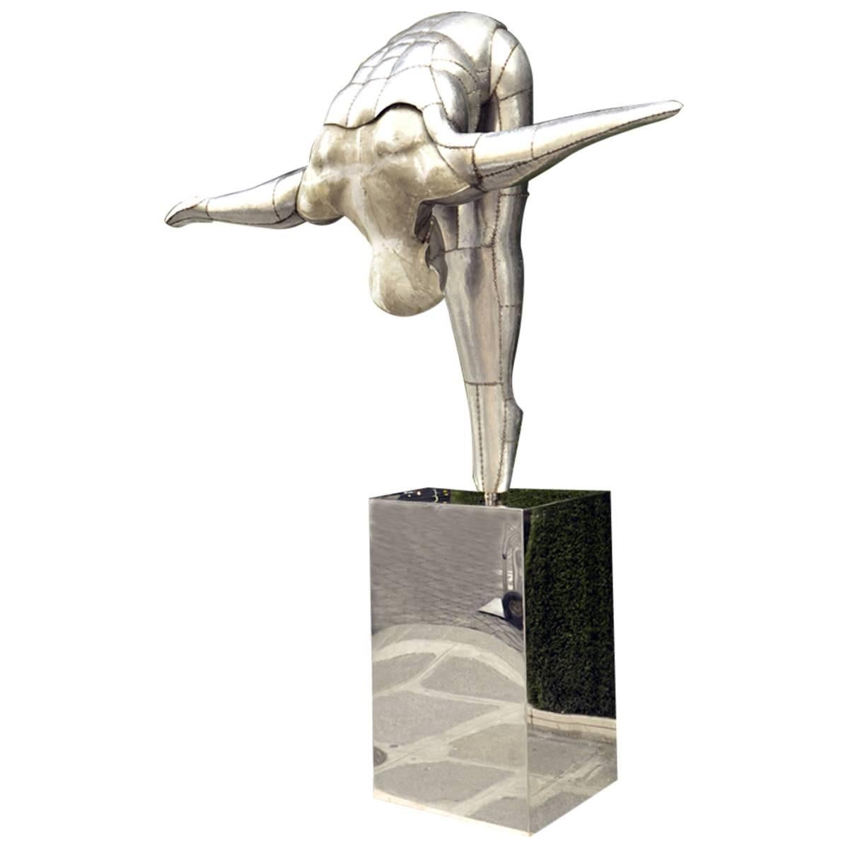 Sculpture Diver in Welded Metal on Stainless Steel Mirror Base