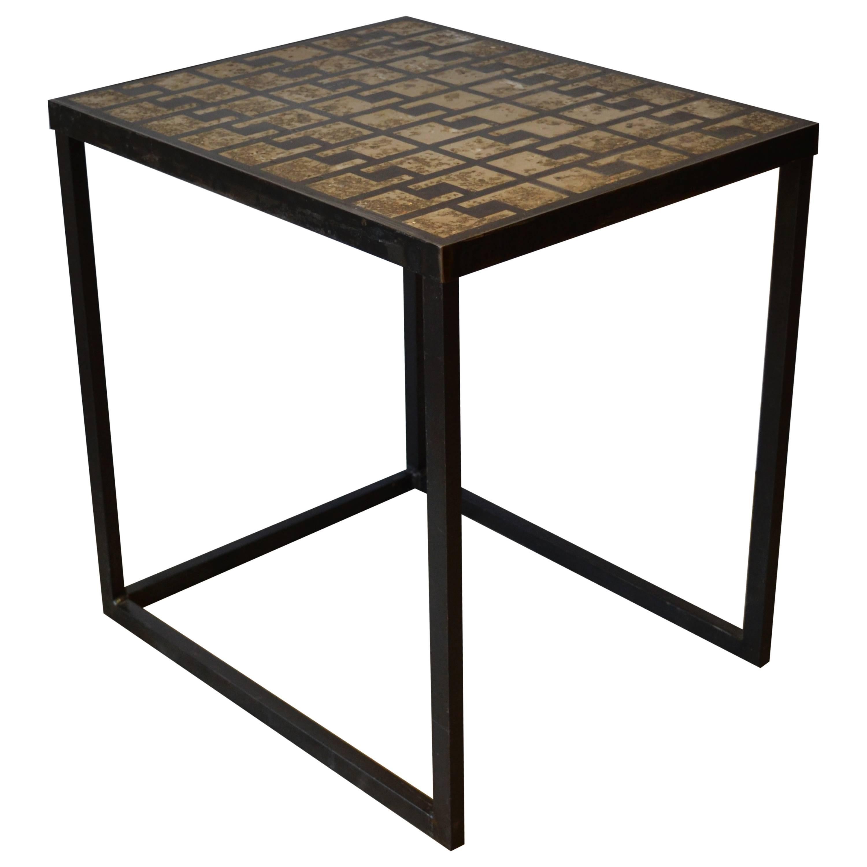 Industrial Brutalist Metal Key Pattern and Concrete Top Side Table