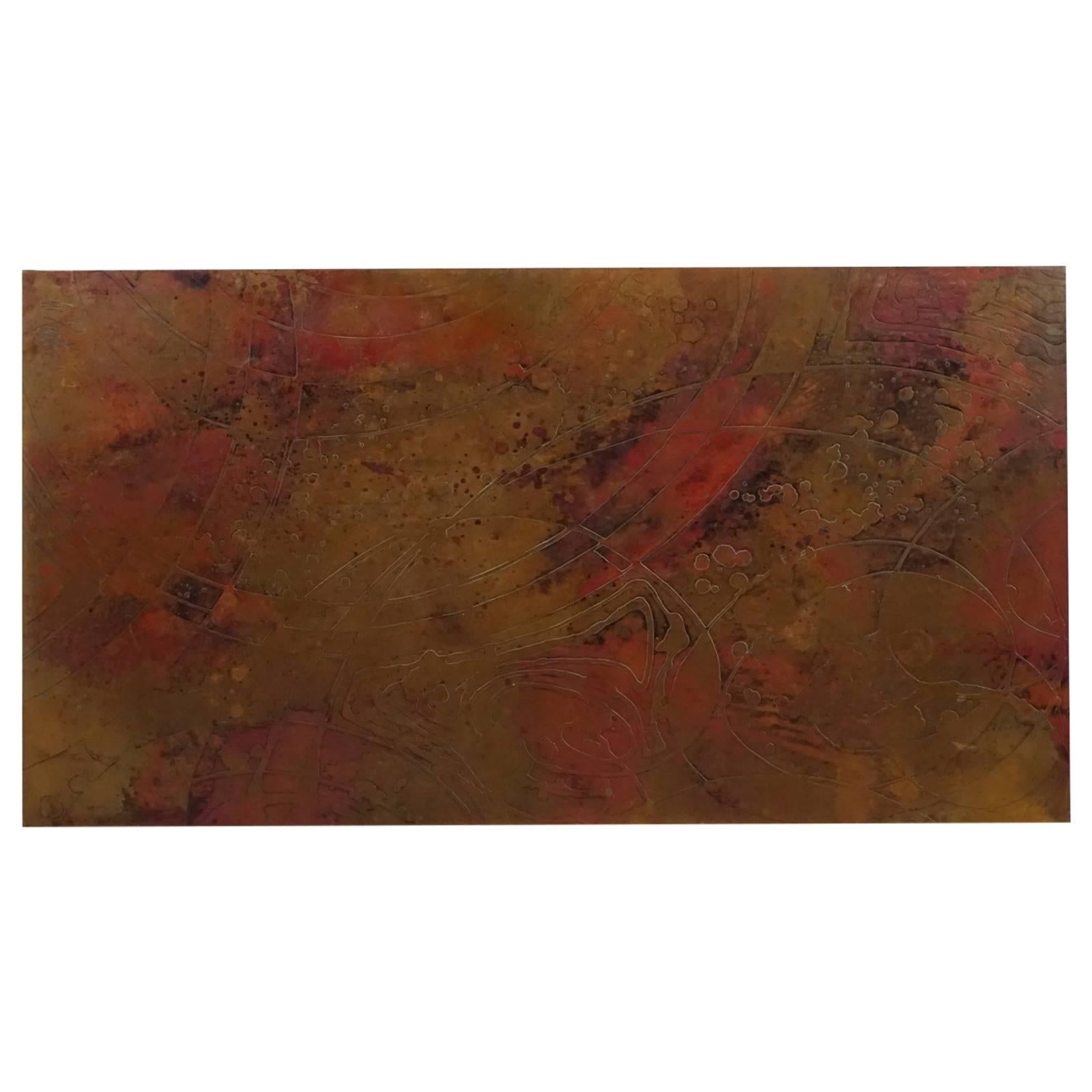 Etched Copper Coffee Table Signed circa 1970 in the Style of Bernhard Rohne