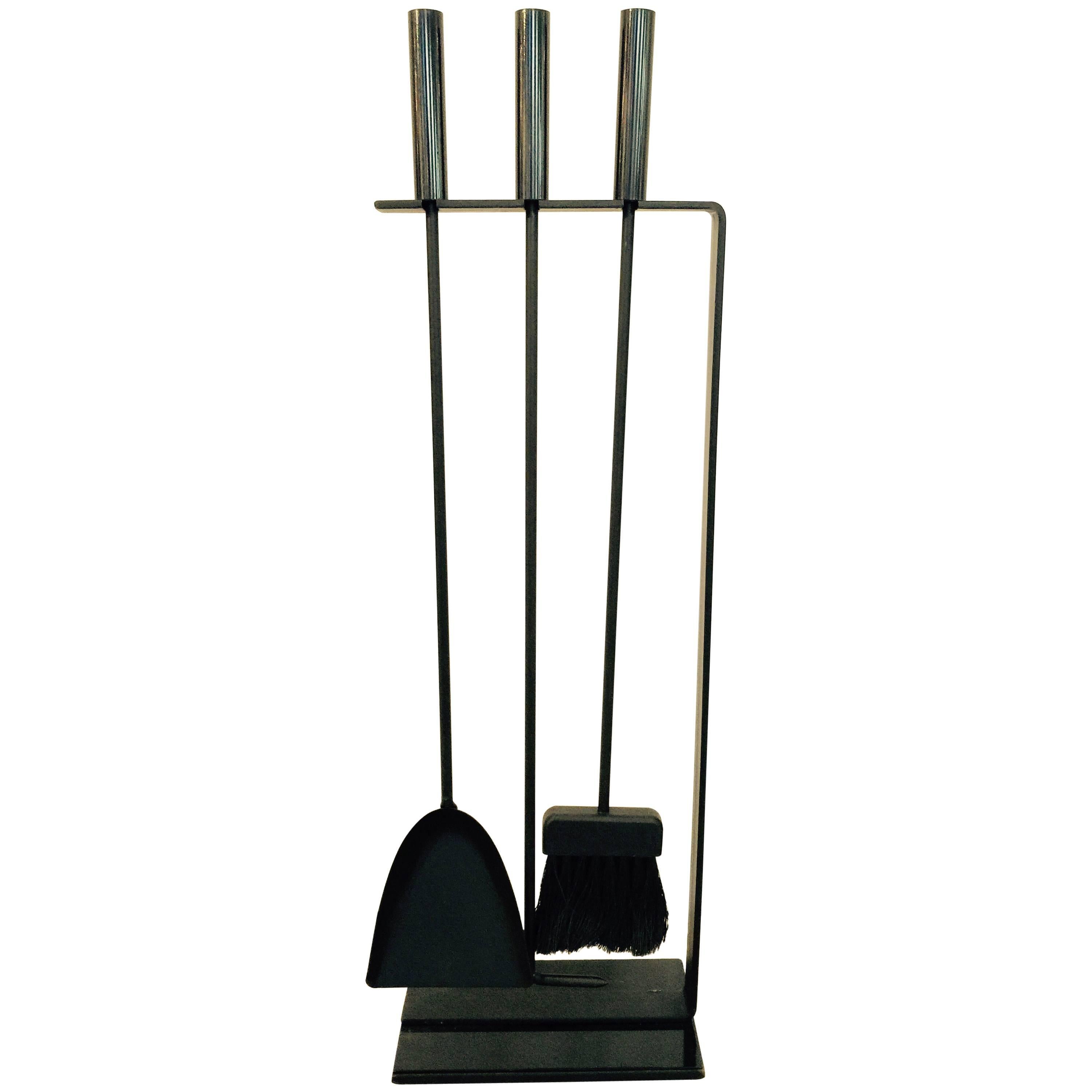 Modernist Black Iron and Brass Fireplace Stand with Three Tools