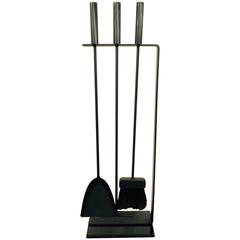 Modernist Black Iron and Brass Fireplace Stand with Three Tools 6