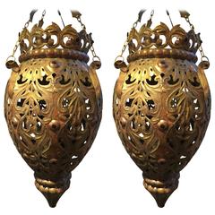 Vintage Pair of Persian Brass and Copper Hanging Lanterns 