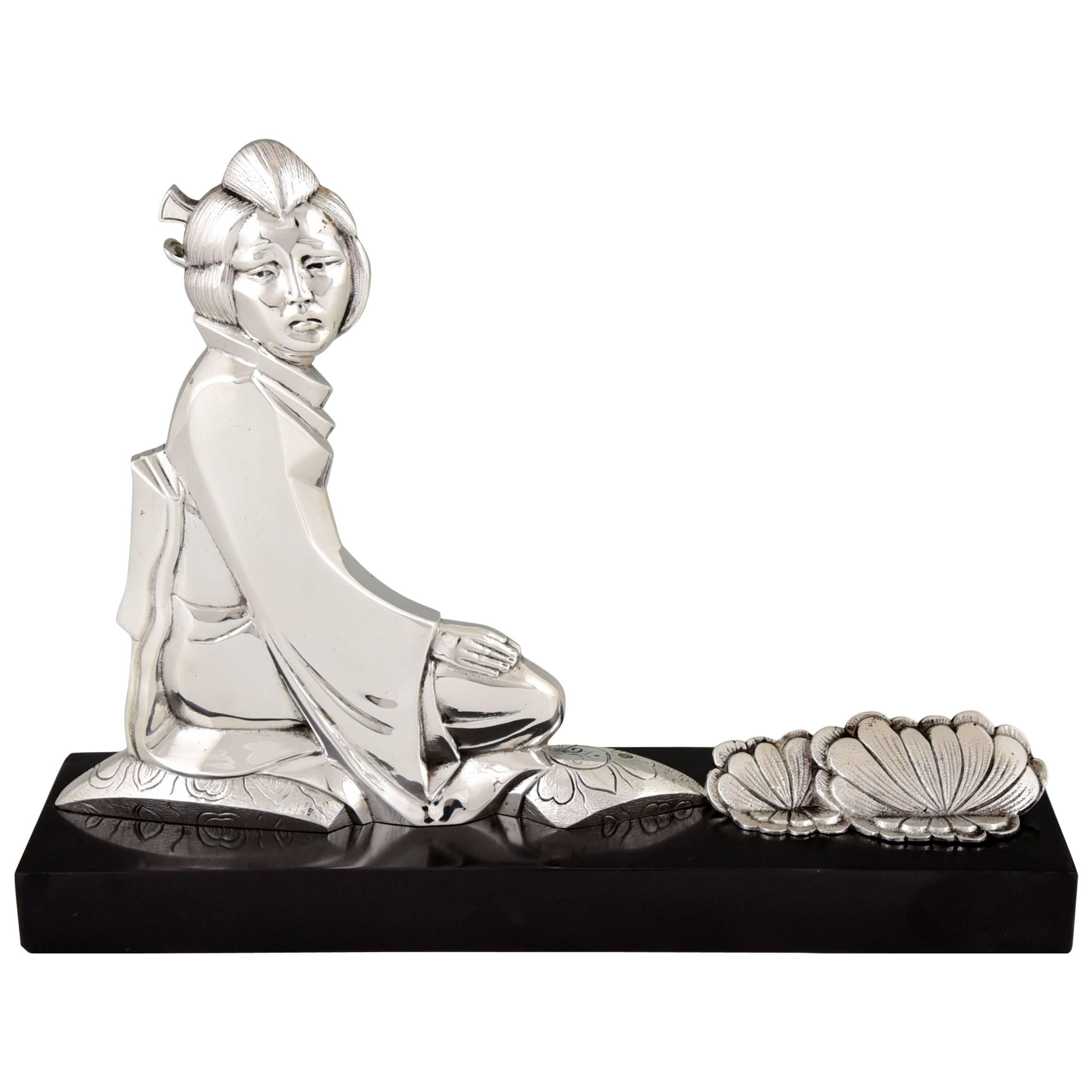 Berjean, French Art Deco Silvered Bronze Sculpture with Oriental Lady, 1930