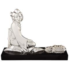 Vintage Berjean, French Art Deco Silvered Bronze Sculpture with Oriental Lady, 1930