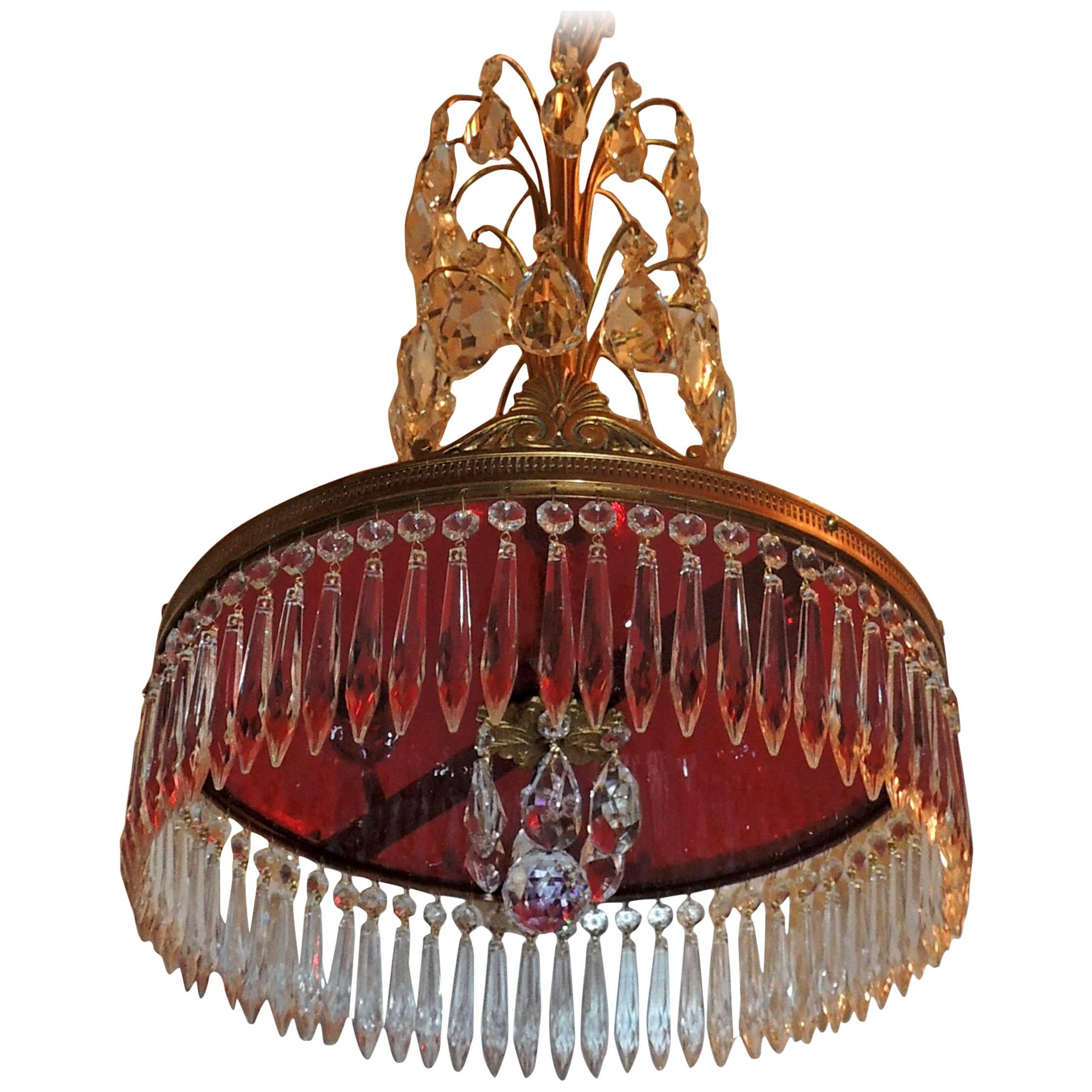 Baltic Neoclassical Doré Bronze and Crystal Red Glass Chandelier Fixture For Sale