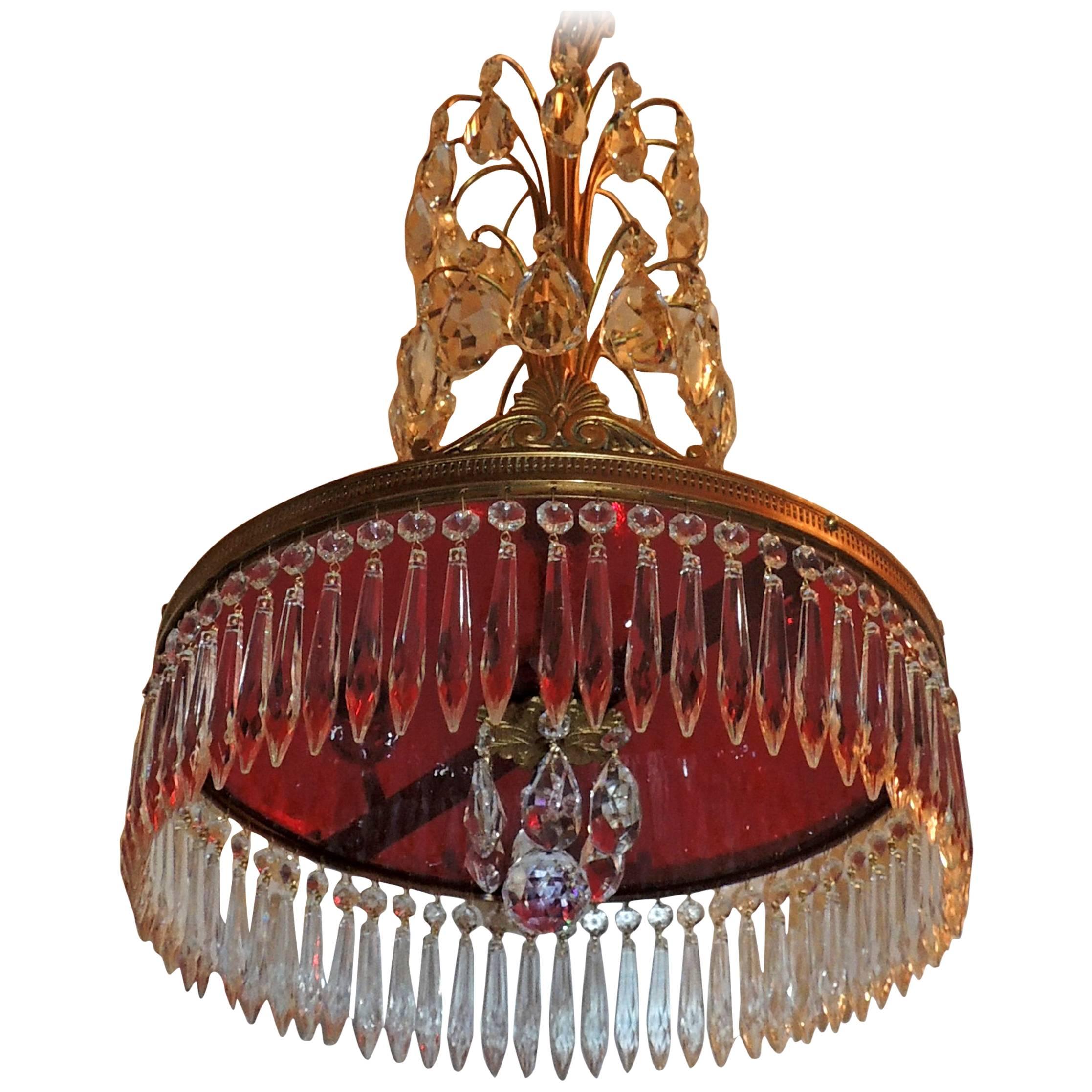 Baltic Neoclassical Doré Bronze and Crystal Red Glass Chandelier Fixture