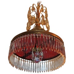 Antique Baltic Neoclassical Doré Bronze and Crystal Red Glass Chandelier Fixture