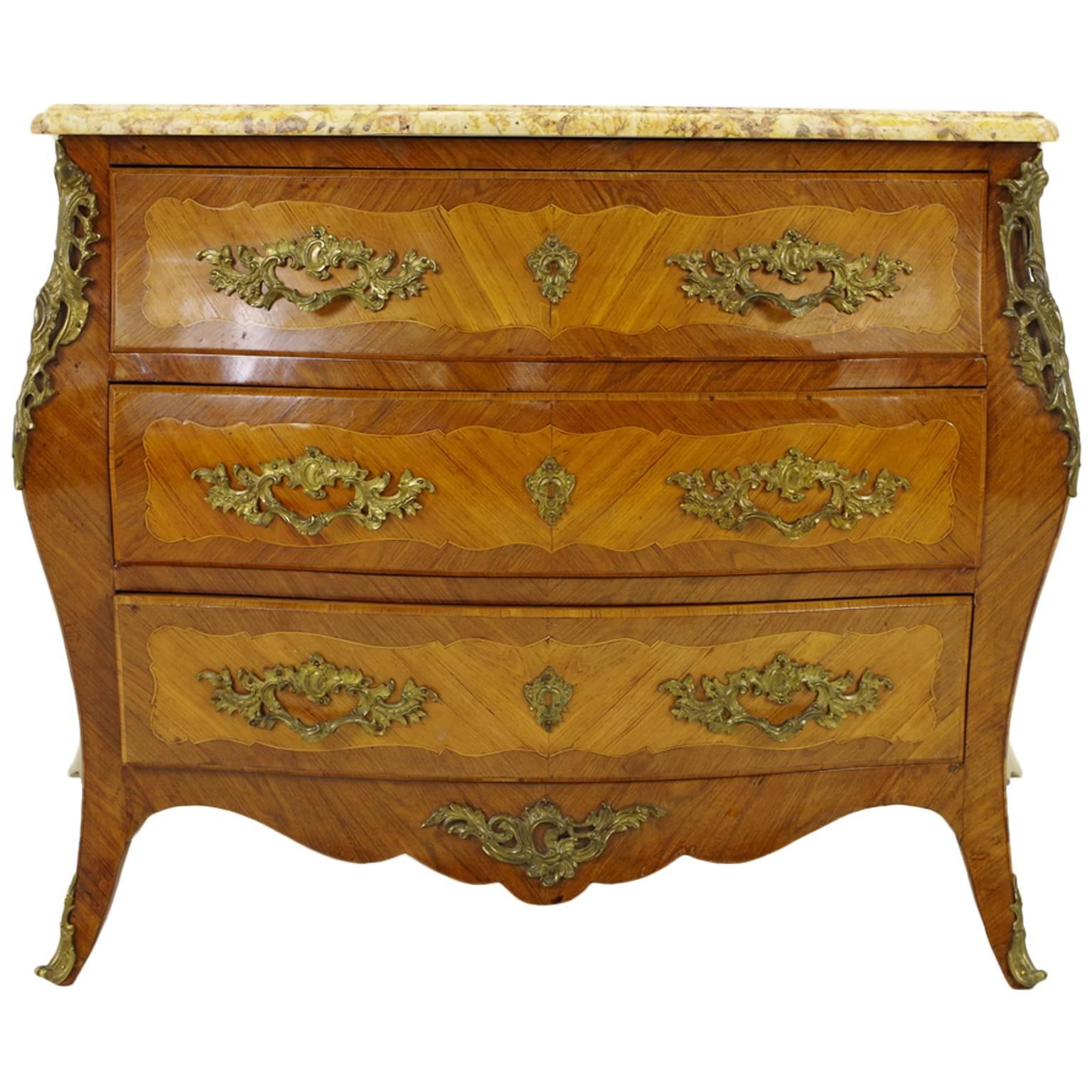 French Louis XV Style Kingwood and Tulipwood Marble Top Bombe Commode
