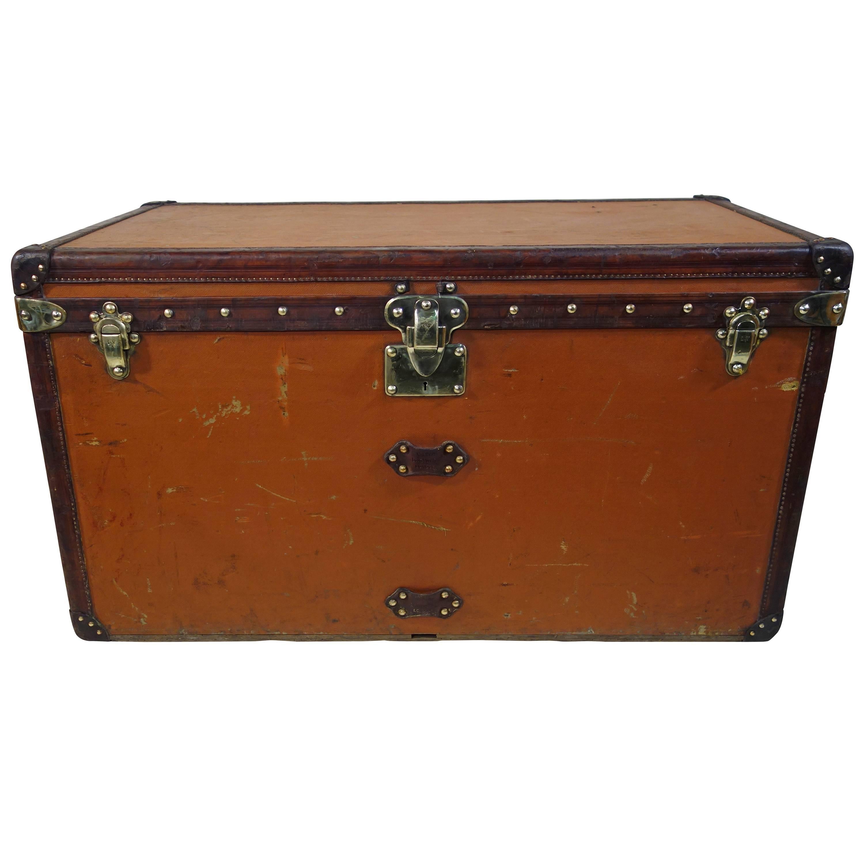 1910s Orange Louis Vuitton Steamer Trunk or Malle Courrier Vuitonite Orange For Sale