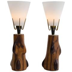 Pair of Table Lamps with Glass Shades and Exotic Hardwood Bases, circa 1965