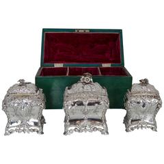 Sterling Silver Suite of George III 18/19th Rococo Tea Caddies in Shagreen Case