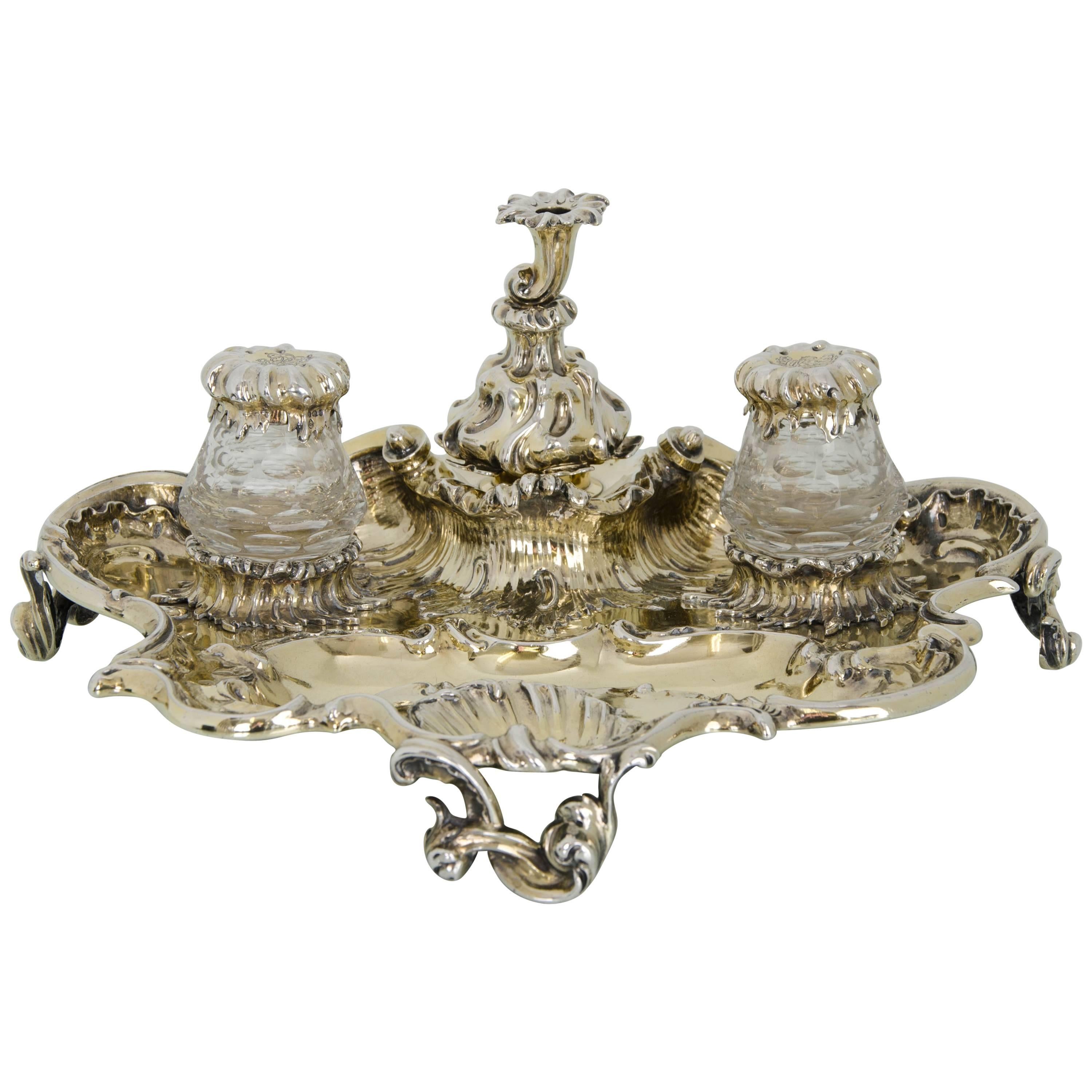 Victorian Antique Silver Gilt 19th Century Desk Inkstand London 1839 Charles Fox For Sale