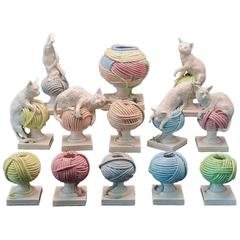 Rare Andrea Spadini Art Pottery Cat and Balls of Yarn Vase Sculptures